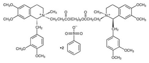 The structural formula of cisatracurium besylate is: Cisatracurium besylate is [1R-[1α,2α(1'R*,2'R*)]]-2,2'-[1,5-pentanediylbis[oxy(3-oxo-3,1-propanediyl)]]bis[1-[(3,4-dimethoxyphenyl)methyl]-1,2,3,4-tetrahydro-6,7-dimethoxy-2-methylisoquinolinium] dibenzenesulfonate. The molecular formula of the cisatracurium parent bis-cation is C53H72N2O12 and the molecular weight is 929.2. The molecular formula of cisatracurium as the besylate salt is C65H82N2O18S2 and the molecular weight is 1243.50. 