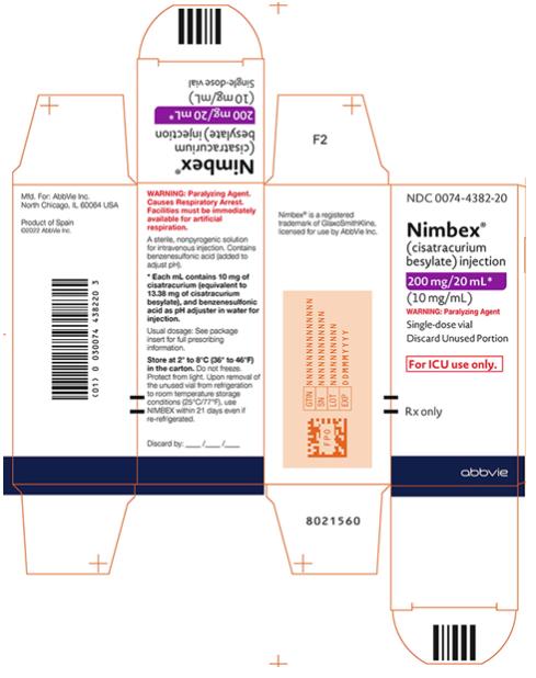 NDC 0074-4382-20 
Nimbex® 
(cisatracurium
besylate) injection 
200 mg/20 mL* 
(10 mg/mL) 
WARNING: Paralyzing Agent
Single-dose vial 
Discard Unused Portion 
For ICU use only.
Rx only 
abbvie 
