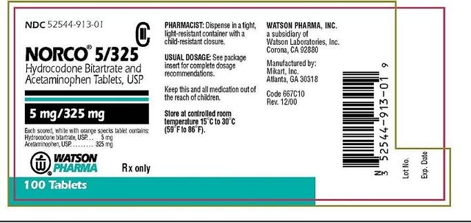 52544-913-01
Norco® 5/325 CIII
Hydrocodone Bitartrate and
Acetaminophen Tablets, USP
5mg/325mg