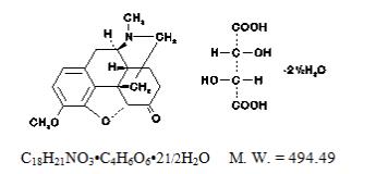 The following structural formula for Hydrocodone bitartrate is an opioid analgesic and occurs as fine, white crystals or as a crystalline powder. It is affected by light. The chemical name is 4,5α-epoxy-3-methoxy-17-methylmorphinan-6-one tartrate (1:1) hydrate (2:5). 