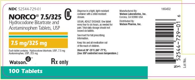 PRINCIPAL DISPLAY PANEL NDC 52544-729-01 NORCO® 7.5/325 CIII Hydrocodone Bitartrate and Acetaminophen Tablets, USP 7.5 mg/325 mg Each tablet contains: Hydrocodone bitartrate, USP…7.5 mg Acetaminophen, USP …325 mg Watson® Rx only 100 Tablets