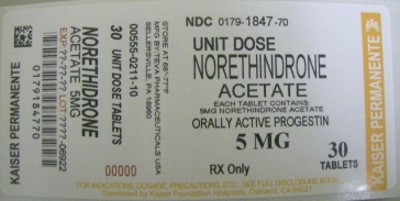 Norethindrone Acetate Tablets USP 5 mg Box of 30 Unit DoseTablets Label
