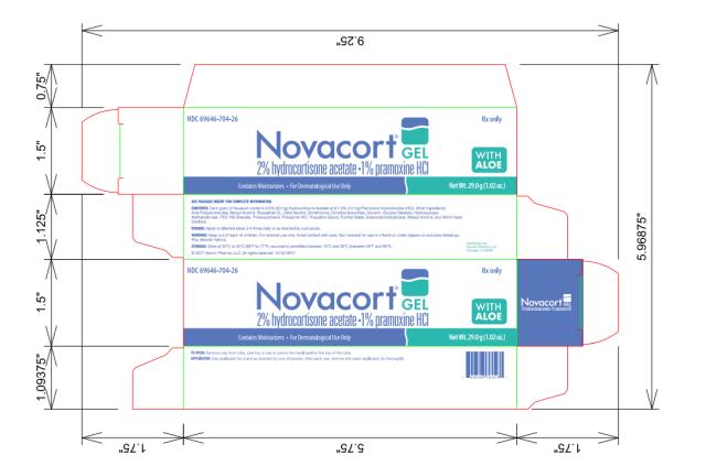 NDC 69646-704-26 Novacort Gel 2% hydrocortisone acetate- 1% pramoxine HCl Rx Only Net Wt. 29.0 g (1.02 oz.) 