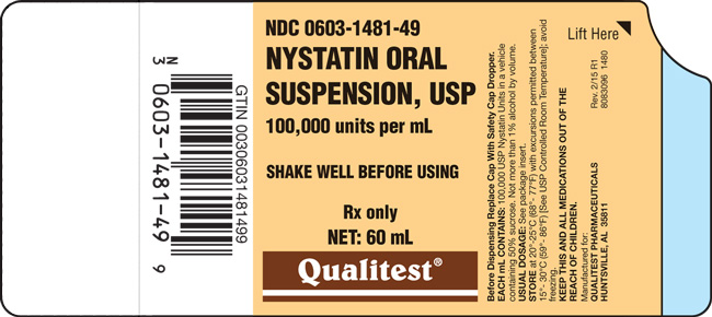This is an image of the label for 60 mL Nystatin Oral Suspension, USP.