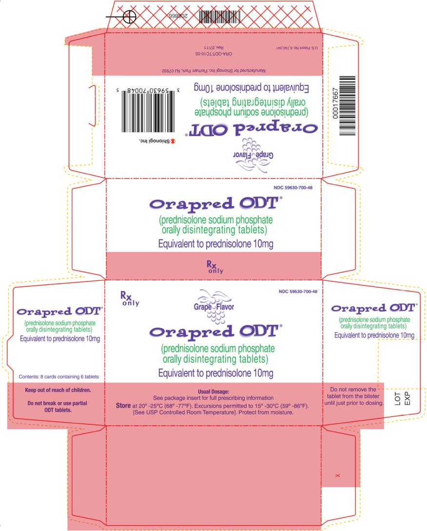 PRINCIPAL DISPLAY PANEL
Rx only
NDC 59630-700-48
Grape Flavor
Orapred ODT®
(prednisolone sodium phosphate
orally disintegrating tablets)
Equivalent to prednisolone 10mg