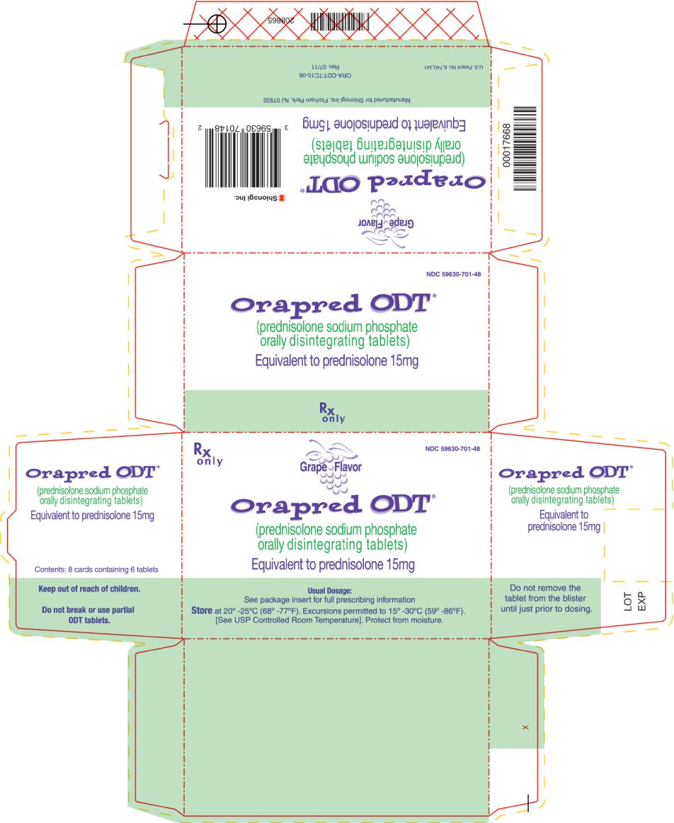 PRINCIPAL DISPLAY PANEL
Rx only
NDC 59630-701-48
Grape Flavor
Orapred ODT®
(prednisolone sodium phosphate
orally disintegrating tablets)
Equivalent to prednisolone 15mg