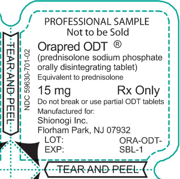 PRINCIPAL DISPLAY PANEL
PROFESSIONAL SAMPLE
Not to be Sold
Orapred ODT®
(prednisolone sodium phosphate
orally disintegrating tablets)
Equivalent to prednisolone 
15mg	Rx only
NDC 59630-701-02
