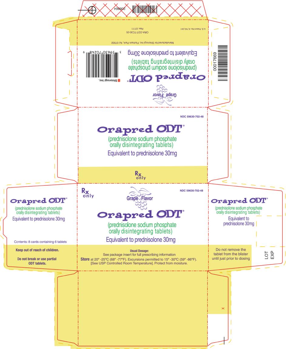 PRINCIPAL DISPLAY PANEL
Rx only
NDC 59630-702-48
Grape Flavor
Orapred ODT®
(prednisolone sodium phosphate
orally disintegrating tablets)
Equivalent to prednisolone 30mg