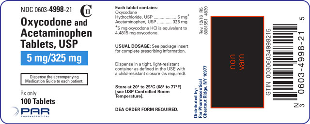 This is an image of the label for Oxycodone and Acetaminophen Tablets, USP 5 mg/325 mg.