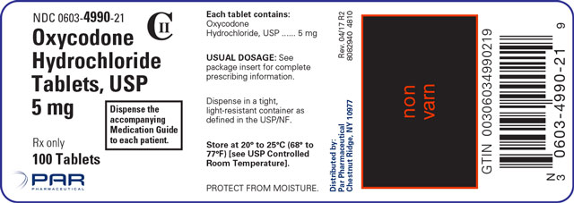 Image sample of the label for Oxycodone Hydrochloride Tablets, USP 5 mg 100 Tablets.