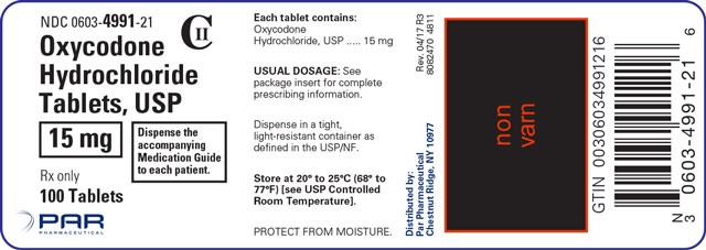 Image sample of the label for Oxycodone Hydrochloride Tablets, USP 15 mg 100 Tablets.
