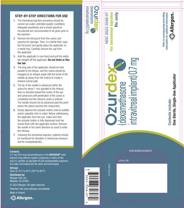 PRINCIPAL DISPLAY PANEL
NDC 0023-3348-07
Ozurdex®
(dexamethasone
intravitreal implant) 0.7 mg
Allergan
For Intravitreal Injection
Contents include: One  Sterile, Use Applicator
Rx Only
