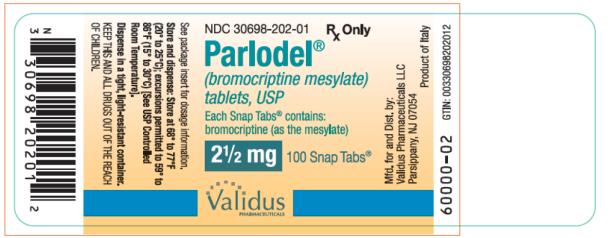 PRINCIPAL DISPLAY PANEL
NDC 30698-202-01
Parlodel®
(bromocriptine mesylate)
tablets, USP
2 ½ mg
100 Snap Tabs®
Rx Only
