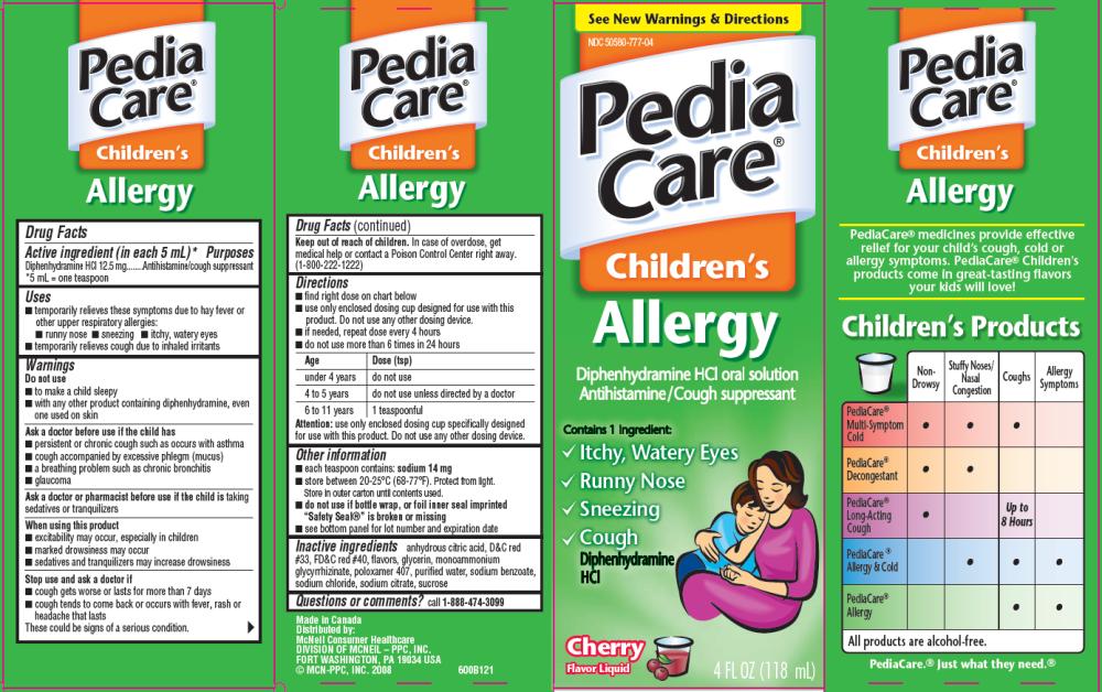 Principal Display Panel PediaCare® Children’s Allergy Diphenhydramine HCI oral solution Antihistamine/Cough suppressant Cherry Flavor Liquid 4 FL OZ (118 mL)