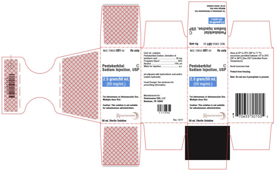 NDC 70655-501-50 Pentobarbital Sodium Injection, USP 2.5 gram/ 50 mL (50 mg/mL) 50 mL Sterile Solution Rx Only