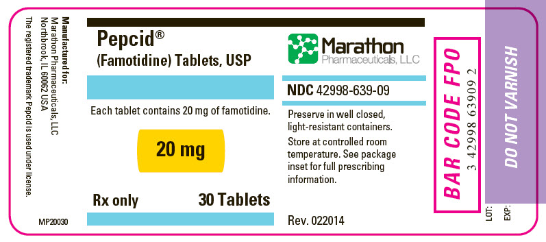NDC 42998-639-09 Pepcid® (Famotidine) Tablets, USP Each tablet contains 20 mg of famotidine 20 mg Rx only 30 Tablets