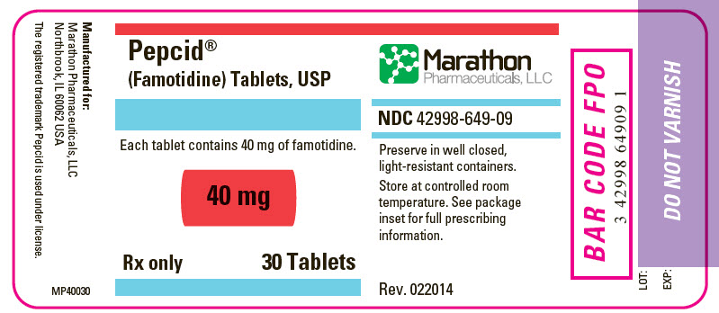 NDC 42998-649-09 Pepcid® (Famotidine) Tablets, USP Each Tablet contains 40 mg of famotidine 40 mg Rx only 30 Tablets