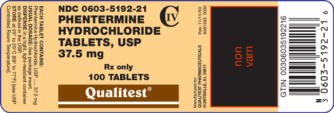 Image of the label for Phentermine Hydrochloride Tablets, USP 37.5 mg 100 count.