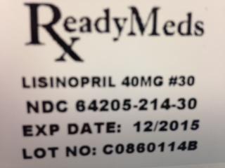 This is an image of the label for 40 mg Lisinopril Tablets, USP.