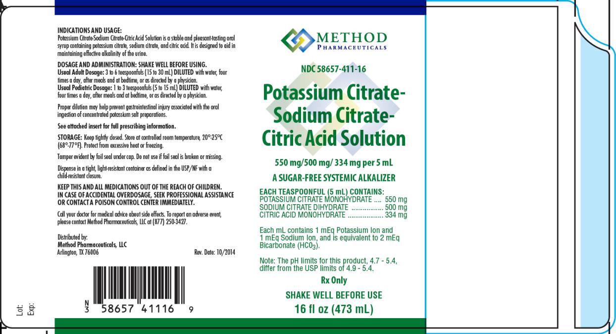 PRINCIPAL DISPLAY PANEL NDC 58657-411-16 Potassium Citrate- Sodium Citrate- Citric Acid Solution 550 mg/500 mg/334 mg per 5 mL Rx Only SHAKE WELL BEFORE USE 16 fl oz (473 mL)