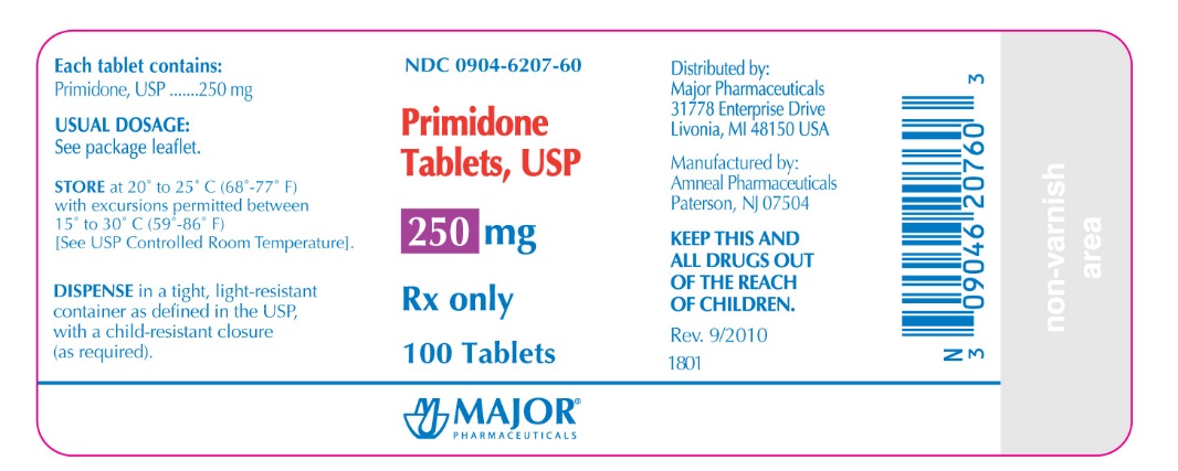 NDC 0904-6207-60

Primidone

Tablets, USP

250mg

Rx Only

100 tablets

Major Pharmaceuticals


