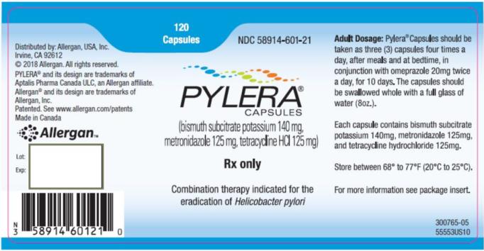 120 Capsules
NDC 58914-601-21
PYLERA
CAPSULES
(bismuth subcitrate potassium 140 mg,
metronidazole 125 mg, tetracycline HCl 125 mg) 
Rx Only
Combination therapy indicated for the 
eradication of Helicobacter pylori
Pylera 120 count carton 
