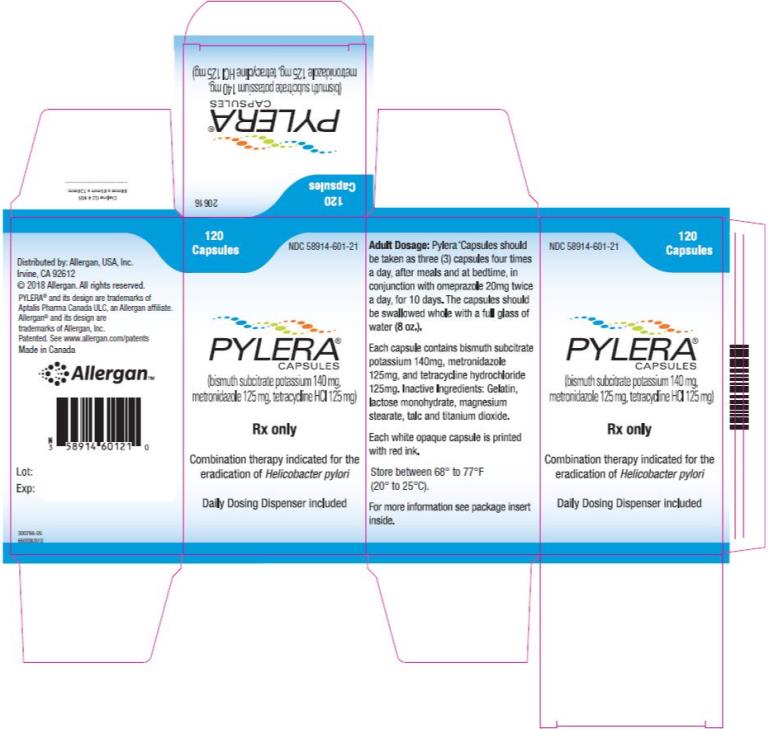 120 Capsules
NDC 58914-601-21
PYLERA
CAPSULES 
(bismuth subcitrate potassium 140 mg,
metronidazole 125 mg, tetracycline HCl 125 mg) 
Rx Only
Combination therapy indicated for the 
eradication of Helicobacter pylori

Daily Dosing Dispenser included

