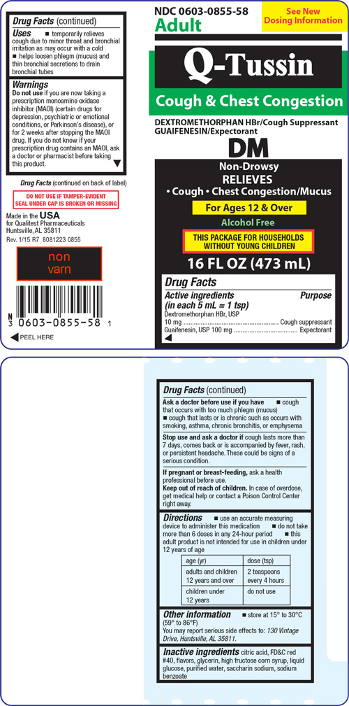 Image of the label for Q-Tussin DM Cough and Chest Congestion 16 fl oz