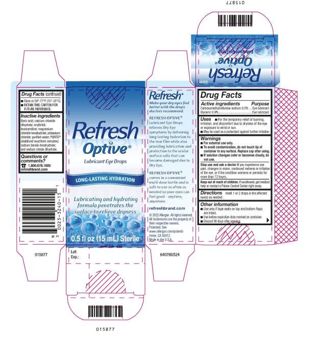 PRINCIPAL DISPLAY PANEL
0023-3240-15
Refresh
Optive®
Lubricant Eye Drops
LONG-LASTING HYDRATION
Lubricating and hydrating
formula penetrates the
surface to relieve dryness
0.5 fl oz (15 mL) Sterile
