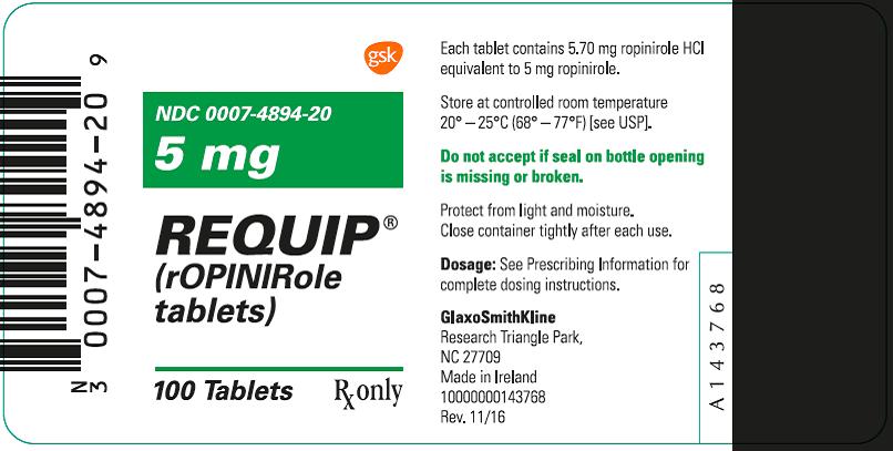 Requip 5 mg 100 count label
