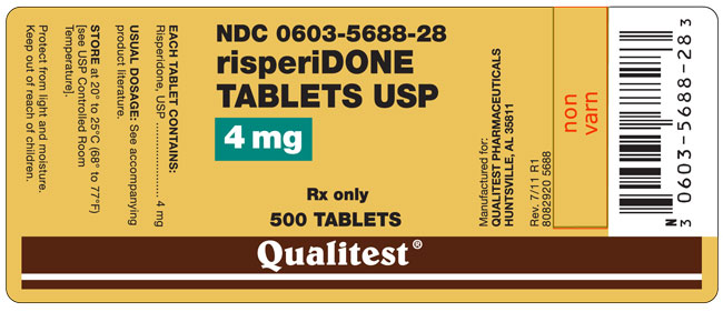 This is an image of the label for risperiDONE Tablets 4 mg 500 count.