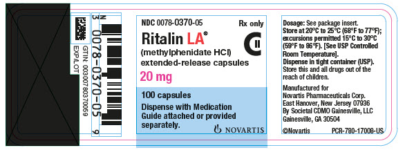 PRINCIPAL DISPLAY PANEL          NDC 0078-0370-05          Rx only          Ritalin LA®          (methylphenidate HCl)          extended-release capsules          20 mg          100 tablets          Dispense with Medication Guide attached or provided separately.          NOVARTIS