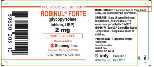 PRINCIPAL DISPLAY PANEL NDC 59630-205-10   100 Tablets ROBINUL® FORTE (glycopyrrolate tablets, USP) 2 mg