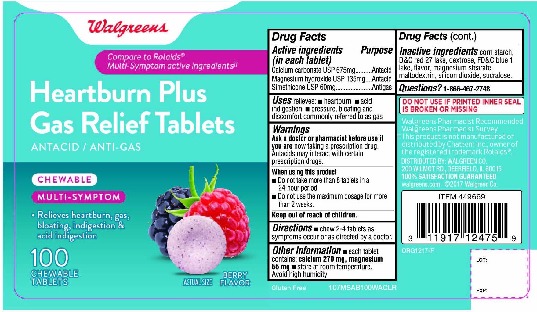 Walgreens Heartburn Plus Gas Relief Tablets 100 Count Berry Flavor
