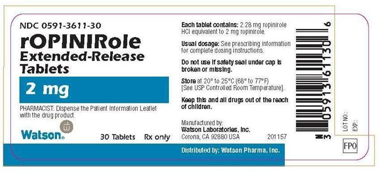NDC 0591-3611-30 rOPINIRole Extended-Release Tablets 2 mg PHARMACIST: Dispense the Patient Information Leaflet with the drug product Watson® 30 Tablets Rx only