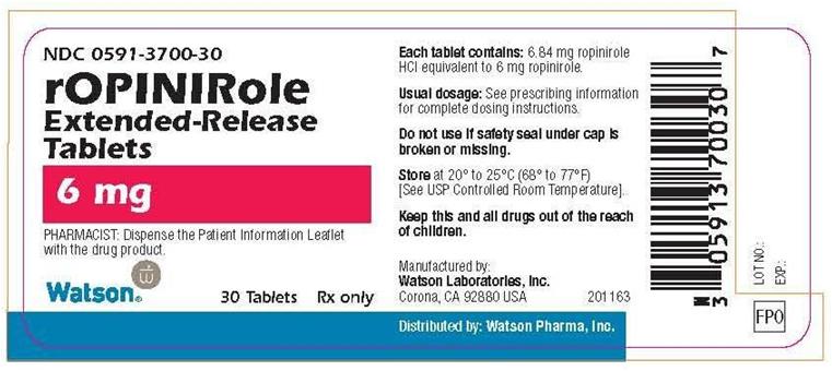 NDC 0591-3700-30 rOPINIRole Extended-Release Tablets 6 mg PHARMACIST: Dispense the Patient Information Leaflet with the drug product Watson® 30 Tablets Rx only