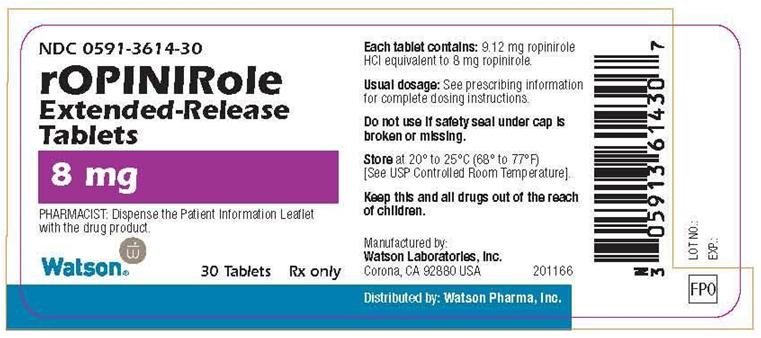 NDC 0591-3614-30 rOPINIRole Extended-Release Tablets 8 mg PHARMACIST: Dispense the Patient Information Leaflet with the drug product Watson® 30 Tablets Rx only