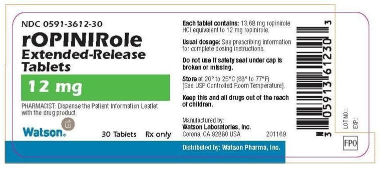 NDC 0591-3612-30 rOPINIRole Extended-Release Tablets 12 mg PHARMACIST: Dispense the Patient Information Leaflet with the drug product Watson® 30 Tablets Rx only