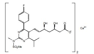 The chemical name for rosuvastatin calcium is bis[(E)-7-[4-(4-fluorophenyl)-6-isopropyl-2-¬ [methyl(methylsulfonyl)amino] pyrimidin-5-yl](3R,5S)-3,5-dihydroxyhept-6-enoic acid] calcium salt with the following structural formula: