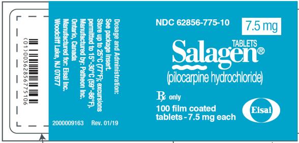 PRINCIPAL DISPLAY PANEL
NDC 62856-775-10
Tablets
SALAGEN®
(pilocarpine hydrochloride)
7.5 mg
100 film coated
tablets- 7.5 mg each
Rx Only

