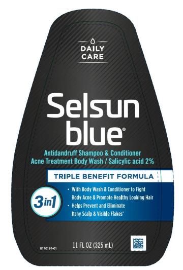 DAILY CARE
Selsun
blue
Antidandruff Shampoo & Conditioner
Acne Treatment Body Wash / Salicylic acid 2%
TRIPLE BENEFIT FORMULA
3 in 1 
11 FL OZ (325 mL)
