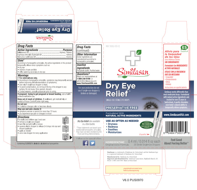 NDC 59262-351-12 Similasan Dry Eye Relief SINGLE-USE STERILE EYE DROPS Preservative Free 0.4 ml/ 0.014 fl oz each 20 Sterile Single-Use Droppers