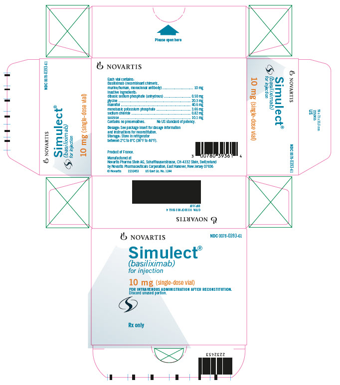 NOVARTIS
							NDC 0078-0393-61
							Simulect®
							(basiliximab)
							for injection
							10 mg (single-dose vial)
							FOR INTRAVENOUS ADMINISTRATION AFTER RECONSTITUTION.
							Discard unused portion.
							Rx only