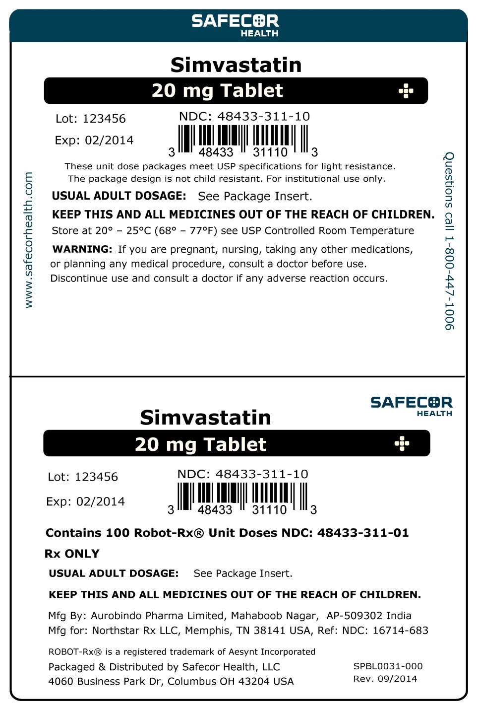 Simvastatin 20 mg Robot Unit Dose Box Label