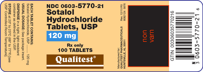 This is an image of The Sotalol Hydrochloride Tablets, USP 120 mg, 100 count label.