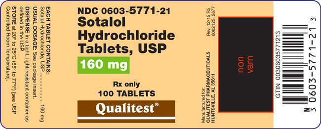 This is an image of The Sotalol Hydrochloride Tablets, USP 160 mg, 100 count label.