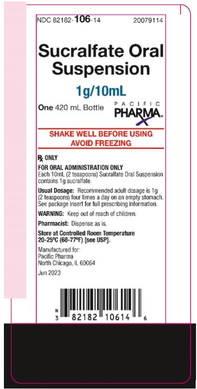 PRINCIPAL DISPLAY PANEL
NDC 82182-106-14 20079114
Sycralfate Oral Suspension
1g/10mL
One 420mL Bottle
SHAKE WELL BEFORE USING
AVOID FREEZING
Rx Only

