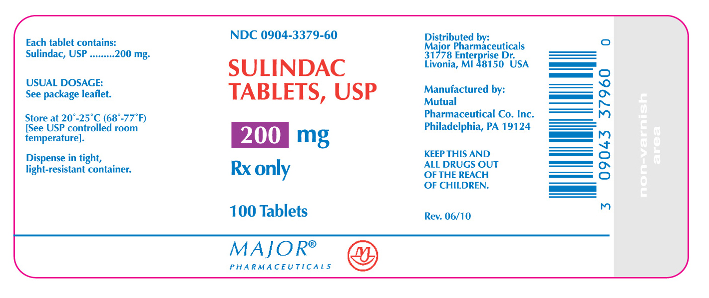 NDC 0904-3379-60

SULINDAC TABLETS USP

200 mg

Rx only

100 tablets

Major Pharmaceuticals

