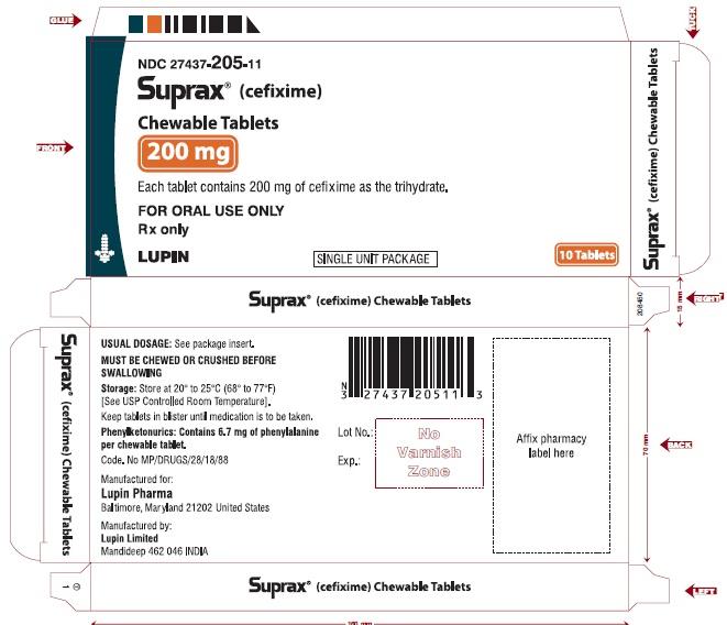 SUPRAX (CEFIXIME) CHEWABLE TABLETS
Rx Only
200 mg
NDC 27437-205-11
CARTON LABEL
							10 TABLETS SINGLE UNIT PACKAGE