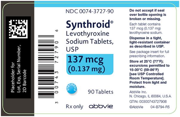 NDC 0074-3727-90 
Synthroid®
Levothyroxine 
Sodium Tablets, 
USP 
137 mcg 
(0.137 mg) 
90 Tablets 
Rx only abbvie 
